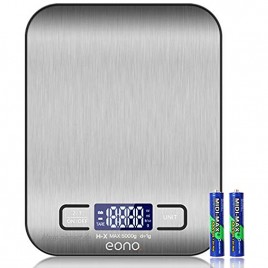 Brand – Eono Digitale Küchenwaage Premium Edelstahl-Lebensmittelwaage wiegt Gramm und Unzen zum Backen und Kochen 5kg 1g 15Jahre Garantie