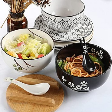 Sayopin Japanische Schale Ramenschüssel mit Deckel Löffel Schwarze Ramen Schale aus Keramik Handgezeichnete Reis Schüssel Instant Nudel Schüssel 6.5 Zoll