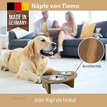 TIEMO hochwertige Futterstation aus echtem Holz mit 2 Edelstahl-Schüsseln Hundebar für kleine Hunde und Katzen Made in German
