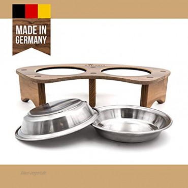 TIEMO hochwertige Futterstation aus echtem Holz mit 2 Edelstahl-Schüsseln Hundebar für kleine Hunde und Katzen Made in German