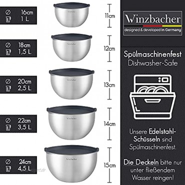 Winzbacher® Edelstahl Schüssel [5er Set] 1l + 1.5l + 2.5l + 3.5l + 4.5l | Spülmaschinenfest | Rührschüssel Salatschüssel Schüsselset Edelstahlschüssel Schale Bowl | stapelbar | Deckel Grau