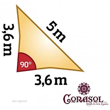 Corasol 160078 Premium Sonnensegel 3,6 x 3,6 x 5 m 90° Grad Dreieck Wind- & wasserdurchlässig sandbeige