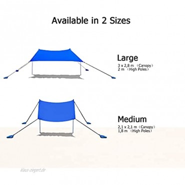 DREAMADE Sonnensegel Strandzelt aus Polyester & Lycra Baldachin Strandmuschel UV-Schutz 50+ Sonnendach für Camping & Ausflug & Picknick Strand Zelt mit 4 Sandsack Blau 300x280cm