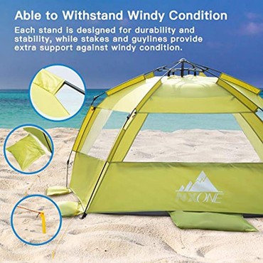 NXONE XL Pop Up Strandzelt Deluxe Sonnenschutz für 4 Personen UPF 50+ Schutz winddichter Strandschatten ausziehbarer Boden mit 3 belüfteten Fenstern plus Tragetasche Heringe und Abspannleinen