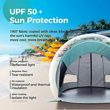 OCOOPA Strandmuschel Pop Up,großes Pop-Up-Strandzelt für 4 Personen Anti-UV automatisches Strandzelt Camping Sonnenschutz sofort tragbar 4 Seiten Belüftung Design Sonnenschutz Zelte Minzgrün