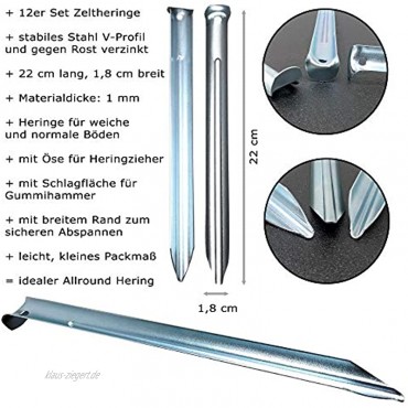 ToCi 12 x Zelt-Heringe | Stahl verzinkt 22 cm lang | Lange und robuste Zelthaken Erdnägel für Camping und Outdoor | Sandheringe mit V-Profil