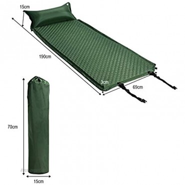 COSTWAY Camping Schlafmatte Schlafunterlage selbstaufblasbar Campingmatte aus Schaumstoff Luftmatratze mit Kissen und Tragetasche Isomatten Ideal für Camping Wandern und Reisen grün 190x69x3cm