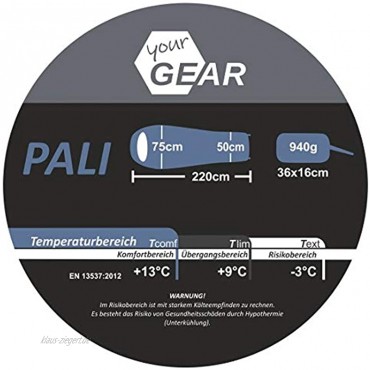 your GEAR Schlafsack Pali -3°C Mumienschlafsack 220x75 cm Sommerschlafsack Blau Grau leicht warm kleines Packmaß