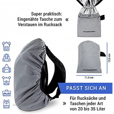 STANDWERK® Vollreflektierender Regenschutz für Rucksäcke | Rucksacküberzug inkl. Tasche und Befestigung | Regenhülle für Schulranzen und Rucksäcke 20-35L