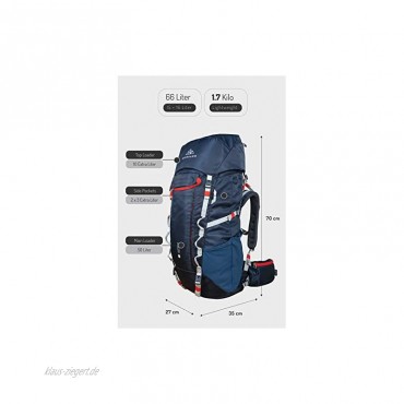 NORDKAMM – Backpacker Rucksack Trekking-Rucksack 50l 60l blau Damen u. Herren Reiserucksack Top- u. Frontlader für Weltreise Camping Outdoor Backpacking verstellbar