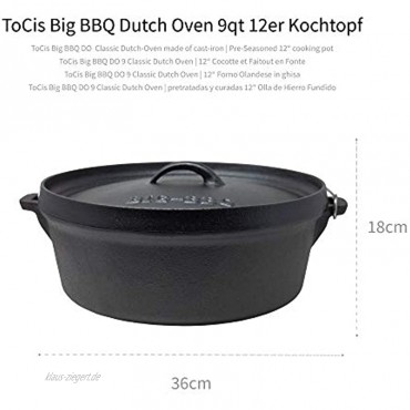 ToCis Big BBQ Classic Dutch Oven 9.0 Gusseisen eingebrannt 12er Kochtopf mit Deckelheber Deckelständer ohne Füße