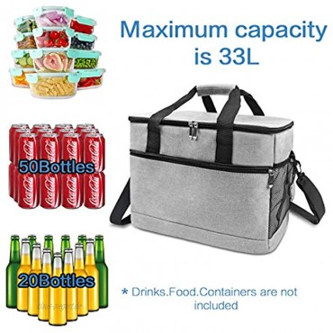 Furuix Kühlboxen für Lebensmittel 33 Liter Faltbare Picknick-Kühltasche One-Shoulder-Handtasche großer tragbarer Picknick- Reise- Büro- Schul- Strand-Eisbeutel grau