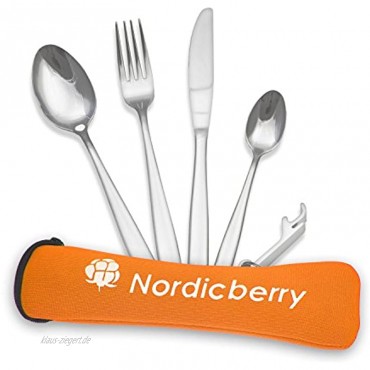 Nordicberry Premium Outdoor Reisebesteck und Campingbesteck aus hochwertigem Edelstahl mit Neoprentasche Viererpack