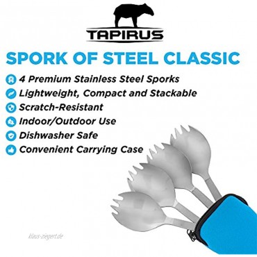 Tapirus Spork of Steel Classic Set of 4 + Carrying Case Spoon Fork Combo Untensil Save Space When Camping Hiking Or Backpacking | Stainless Steel Fire Proof Metal Tool | Reusable & Light
