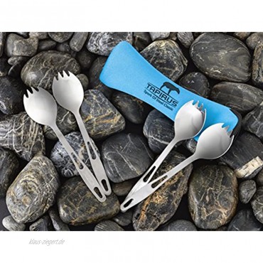 Tapirus Spork of Steel Classic Set of 4 + Carrying Case Spoon Fork Combo Untensil Save Space When Camping Hiking Or Backpacking | Stainless Steel Fire Proof Metal Tool | Reusable & Light